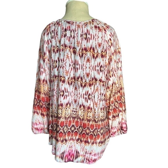 Kenar Boho Tribal print Pink Coral 3/4 Sleeve flowy lightweight blouse in Medium - Picture 5 of 10